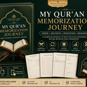 May include: A dark green spiral-bound journal titled My Qur'an Memorization Journey with gold text and an illustration of an open book on a stand. Includes four interior page layouts, a digital tablet display, and icons for tracking progress.