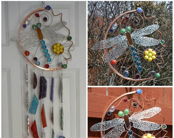 Large Dragonfly Wind Chime Copper With Stained Glass Chimes Outdoor Sturdy