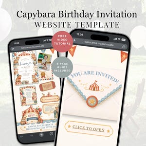 Puede incluir: Dos teléfonos inteligentes muestran una plantilla de sitio web para una invitación de cumpleaños de capibara. Las pantallas muestran gráficos de circo con capibaras, carpas y texto que incluye Capybara Birthday Invitation, You Are Invited y Click To Open. Un círculo rojo indica Free Video Tutorial y un círculo gris 9 Page Guide Included.