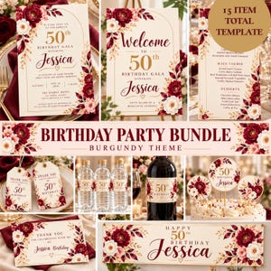 May include: A 50th birthday party stationery bundle featuring burgundy and cream floral accents. Includes invitation, welcome sign, menu, thank you tags, water bottle labels, wine label, cake toppers, and banner, all printed with the name Jessica.