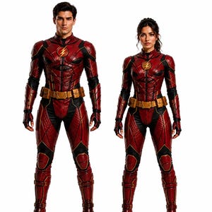May include: Two full-body superhero costumes in deep red and black with textured paneling, gold utility belts, and a circular yellow lightning bolt emblem on the chest. The suits feature high collars, armored plating on the legs, and matching boots.