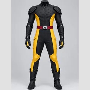 May include: A full-body jumpsuit featuring a black and yellow color scheme with padded shoulder armor, long sleeves, and matching gloves. The suit includes a red belt with a silver buckle displaying an X emblem, and black boots.