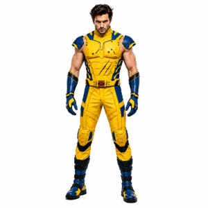 Peut inclure: Une combinaison tactique sans manches jaune et bleue avec des épaulettes, des gantelets assortis et des genouillères. Le plastron présente une griffe noire et une boucle de ceinture centrale avec un symbole X rouge sur fond jaune et bleu.
