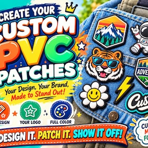 May include: A collection of custom PVC patches featuring various designs including a mountain landscape, an astronaut, a tiger wearing sunglasses, a daisy, a lightning bolt, and the word Custom, displayed on blue denim fabric.