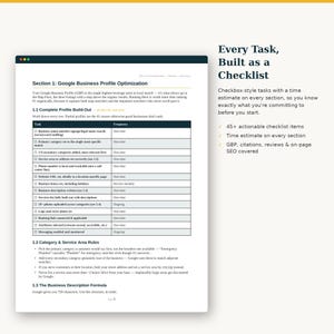 May include: A digital document page titled Section 1: Google Business Profile Optimization, featuring a table with task and frequency columns, alongside text stating Every Task, Built as a Checklist with 45+ actionable items and time estimates.