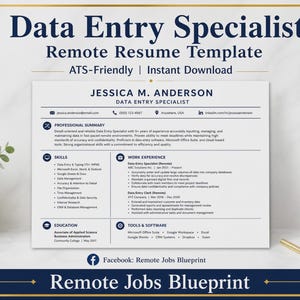 May include: A digital resume template for a Data Entry Specialist featuring a clean layout with sections for professional summary, skills, work experience, and education. The document includes contact information, job titles, and bulleted lists.