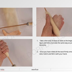 May include: A hand holds a wooden dowel with a metal ring at the end. White wool is wrapped around the dowel. The wool is being rolled to create a tube shape. The image shows a step in a felting tutorial.