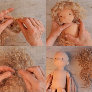 May include: A close-up of a doll's head with curly blonde hair being sewn onto the doll's head. The doll's head is made of a light brown fabric and has a painted face with closed eyes and a small, pink mouth.
