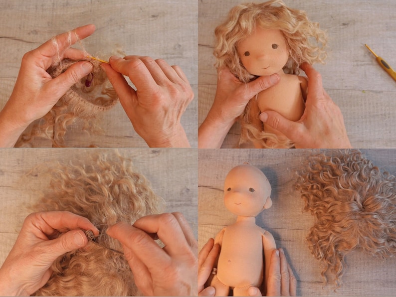 May include: A close-up of a doll's head with curly blonde hair being sewn onto the doll's head. The doll's head is made of a light brown fabric and has a painted face with closed eyes and a small, pink mouth.
