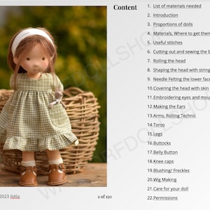 May include: A doll with a green and white checkered dress, brown shoes, and a white headband. The doll is sitting in a wicker basket. The image is from a doll making tutorial with a list of steps, including "List of materials needed", "Introduction", "Proportions of dolls", "Materials, Where to get them", "Useful stitches", "Cutting out and sewing the body", "Rolling the head", "Shaping the head with strings", "Needle Felting the lower face", "Covering the head with skin", "Embroidering eyes and mouth", "Making the Ears", "Arms, Rolling Technic", "Torso", "Legs", "Buttocks", "Belly Button", "Knee caps", "Blushing/Freckles", "Wig Making", "Care for your doll", and "Permissions".