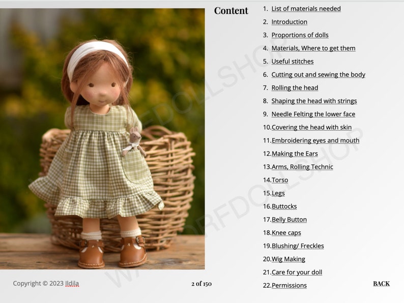 May include: A doll with a green and white checkered dress, brown shoes, and a white headband. The doll is sitting in a wicker basket. The image is from a doll making tutorial with a list of steps, including "List of materials needed", "Introduction", "Proportions of dolls", "Materials, Where to get them", "Useful stitches", "Cutting out and sewing the body", "Rolling the head", "Shaping the head with strings", "Needle Felting the lower face", "Covering the head with skin", "Embroidering eyes and mouth", "Making the Ears", "Arms, Rolling Technic", "Torso", "Legs", "Buttocks", "Belly Button", "Knee caps", "Blushing/Freckles", "Wig Making", "Care for your doll", and "Permissions".