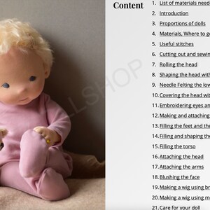 May include: A close-up of a handmade doll with blonde hair, wearing a pink outfit and sitting with a small stuffed animal. The image includes a list of steps for making the doll, titled "Content".