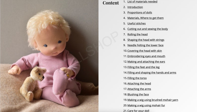 May include: A close-up of a handmade doll with blonde hair, wearing a pink outfit and sitting with a small stuffed animal. The image includes a list of steps for making the doll, titled "Content".