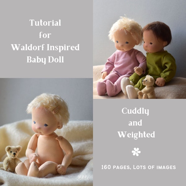 Herunterladbares Tutorial für 13,5" gewichtete Waldorf-inspirierte Babypuppen/Kleidung und Windelmuster sind im Lieferumfang enthalten