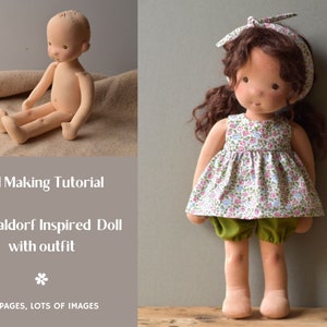 Downloadable Tutorial and patterns  for 15" Waldorf Inspired Doll with wefted hair, Clothes patterns included, Natural Fibre Doll