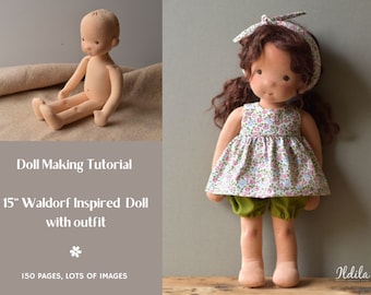 Downloadable Tutorial and patterns  for 15" Waldorf Inspired Doll with wefted hair, Clothes patterns included, Natural Fibre Doll