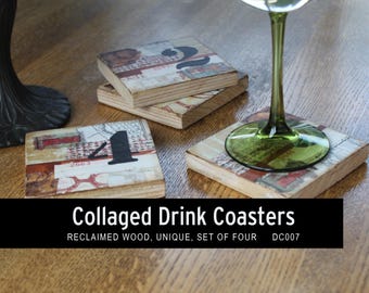 May include: Set of four collaged drink coasters made from reclaimed wood. Each coaster features a unique design with numbers and vintage paper elements. A green-stemmed glass sits on one coaster.