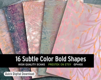 May include: A selection of patterned papers in pink, purple, and teal hues. The papers display subtle designs and textures. The image includes the text "16 Subtle Color Bold Shapes" and "Quick Digital Download."