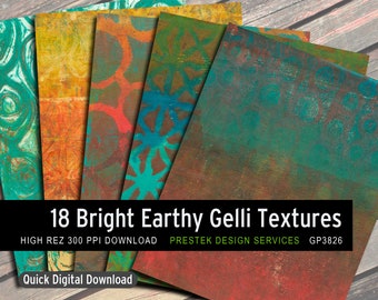 Gelli Texture Pages Set In Bright Earthy Hues, Printable Papers Collection, Collage, Mixed Media, Digital Paper Pack, Digital Textures