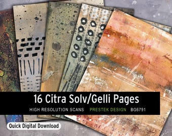May include: A selection of 16 Citra Solv/Gelli pages with diverse textures and colours. The pages showcase abstract designs with splatters, lines, and patterns. The text "16 Citra Solv/Gelli Pages" is displayed on a black banner. "Quick Digital Download" is also displayed.