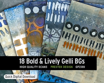 May include: A selection of abstract art backgrounds in shades of blue, orange, and white. The image features the text "18 Bold & Lively Gelli BGs" and "Quick Digital Download". The designs have various patterns.