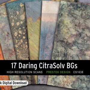 May include: A set of 17 digital backgrounds featuring abstract, colorful, and textured designs. The backgrounds are created using CitraSolv and are high resolution scans. The text "17 Daring CitraSolv BGs" is displayed in the center of the image. The text "HIGH RESOLUTION SCANS" is displayed below the main text. The text "PRESTEK DESIGN CS1638" is displayed below the main text. The text "Quick Digital Download" is displayed in the lower left corner of the image.