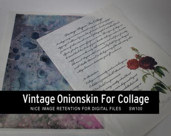 May include: Vintage onionskin paper for collage with text and a floral illustration. The paper has a translucent quality, with a watercolor-like design in the background. The text reads "Vintage Papers For Collage".