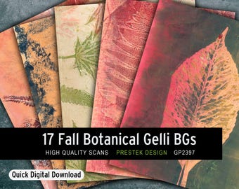 May include: A selection of autumn-themed botanical gelli prints in shades of orange, red, and green. The prints feature leaf and botanical designs. Text on the image reads "17 Fall Botanical Gelli BGs" and "High Quality Scans".