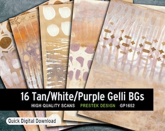 May include: A selection of 16 abstract Gelli art backgrounds in shades of tan, white, and purple. The designs showcase diverse textures and patterns, such as dots, lines, and organic forms. The text reads "16 Tan/White/Purple Gelli BGs".