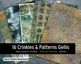 May include: A set of 16 digital paper textures featuring crinkled and patterned designs in shades of green, blue, and brown. The text "16 Crinks & Patterns Gellis" is displayed on a black banner. The text "HIGH QUALITY SCANS" is displayed in white on a green banner. The text "PRESTEK DESIGN" is displayed in white on a green banner. The text "GP2704" is displayed in white on a green banner. The text "Quick Digital Download" is displayed in white on a black banner.