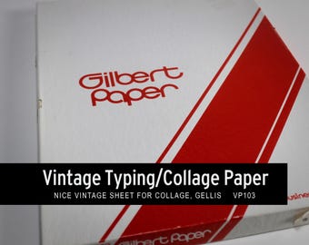 May include: A white box of vintage typing and collage paper with red diagonal stripes and the "Gilbert Paper" logo. The text "Vintage Typing/Collage Paper" is displayed on a black banner.