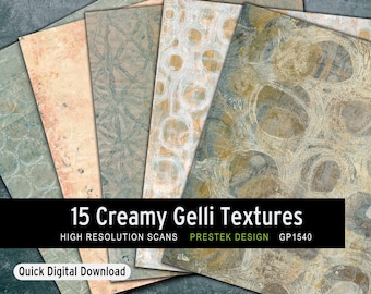 May include: A collection of 15 digital paper textures featuring abstract, layered patterns in muted tones of blue, peach, and gold. The designs include overlapping circles and geometric shapes with a distressed, painterly finish. Text reads 15 Creamy Gelli Textures, High Resolution Scans, Prestek Design, GP1540, and Quick Digital Download.