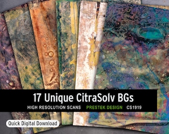 May include: 17 unique digital backgrounds featuring abstract patterns in shades of blue, green, brown, and yellow. The backgrounds are created using the CitraSolv technique. The text "17 Unique CitraSolv BGs" is displayed in black text on a white background. The text "HIGH RESOLUTION SCANS" is displayed in white text on a black background. The text "PRESTEK DESIGN" is displayed in white text on a black background. The text "CS1919" is displayed in white text on a black background. The text "Quick Digital Download" is displayed in white text on a black background.