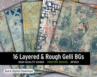 May include: A selection of 16 layered and rough Gelli backgrounds with diverse textures and patterns. The colour scheme features blues, beige, and white. The image also includes the text "16 Layered & Rough Gelli BGs".