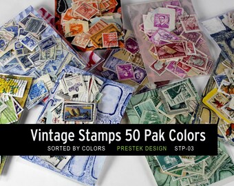 May include: A selection of vintage stamps in assorted colours, sorted by colour and packaged in clear plastic bags. The image features stamps with images of boats, portraits, and other designs. Text on the image reads "Vintage Stamps 50 Pak Colors".