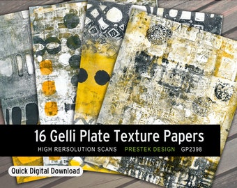 May include: A set of 16 digital paper textures in yellow, black and grey colours. The papers feature abstract geometric patterns and textures created using a gelli plate. The text "16 Gelli Plate Texture Papers" is displayed on a black banner. The text "HIGH RESOLUTION SCANS" is displayed in yellow text below the banner. The text "PRESTEK DESIGN GP2398" is displayed in white text below the banner. The text "Quick Digital Download" is displayed in yellow text below the banner.