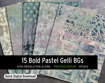 May include: Fifteen digital paper backgrounds in pastel colours with abstract patterns. The backgrounds are created using a gelli printing technique. The text "15 Bold Pastel Gelli BGs" is at the bottom of the image. The text "HIGH RESOLUTION SCANS" is below the title. The text "PRESTEK DESIGN GP3023" is below the resolution text. The text "Quick Digital Download" is at the bottom of the image.