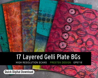 May include: 17 layered digital backgrounds created using a gelli plate. The backgrounds feature a variety of colours and patterns, including teal, orange, purple, and pink. The text "17 Layered Gelli Plate BGs" is displayed in a black rectangle at the bottom of the image. The text "HIGH RESOLUTION SCANS" is displayed in white text below the black rectangle. The text "PRESTEK DESIGN GP6718" is displayed in white text below the black rectangle. The text "Quick Digital Download" is displayed in white text below the black rectangle.