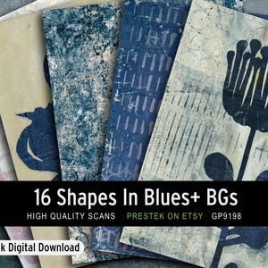 May include: A collection of textured digital art prints in shades of blue and cream. The prints feature abstract shapes and floral designs. Text on the image reads "16 Shapes In Blues+ BGs" and "Quick Digital Download".