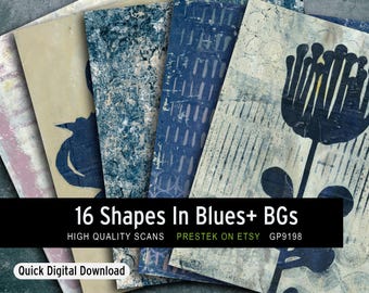 May include: A selection of digital art prints in blue and cream tones. The prints showcase abstract shapes and floral patterns. The image includes the text "16 Shapes In Blues+ BGs" and "Quick Digital Download".
