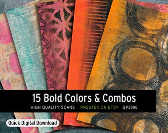 May include: A collection of five rectangular sheets featuring abstract patterns in pink, teal, magenta, orange, and yellow with black circular and geometric overlays. Text on the image reads: 15 Bold Colors & Combos, HIGH QUALITY SCANS, PRESTEK ON ETSY GP2096, Quick Digital Download.