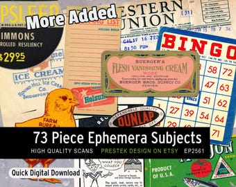 May include: A collection of 73 vintage ephemera subjects including a Western Union telegram, a Buerger's Flesh Vanishing Cream label, a bingo card, a yellow chick illustration, and various product advertisements with text like More Added.
