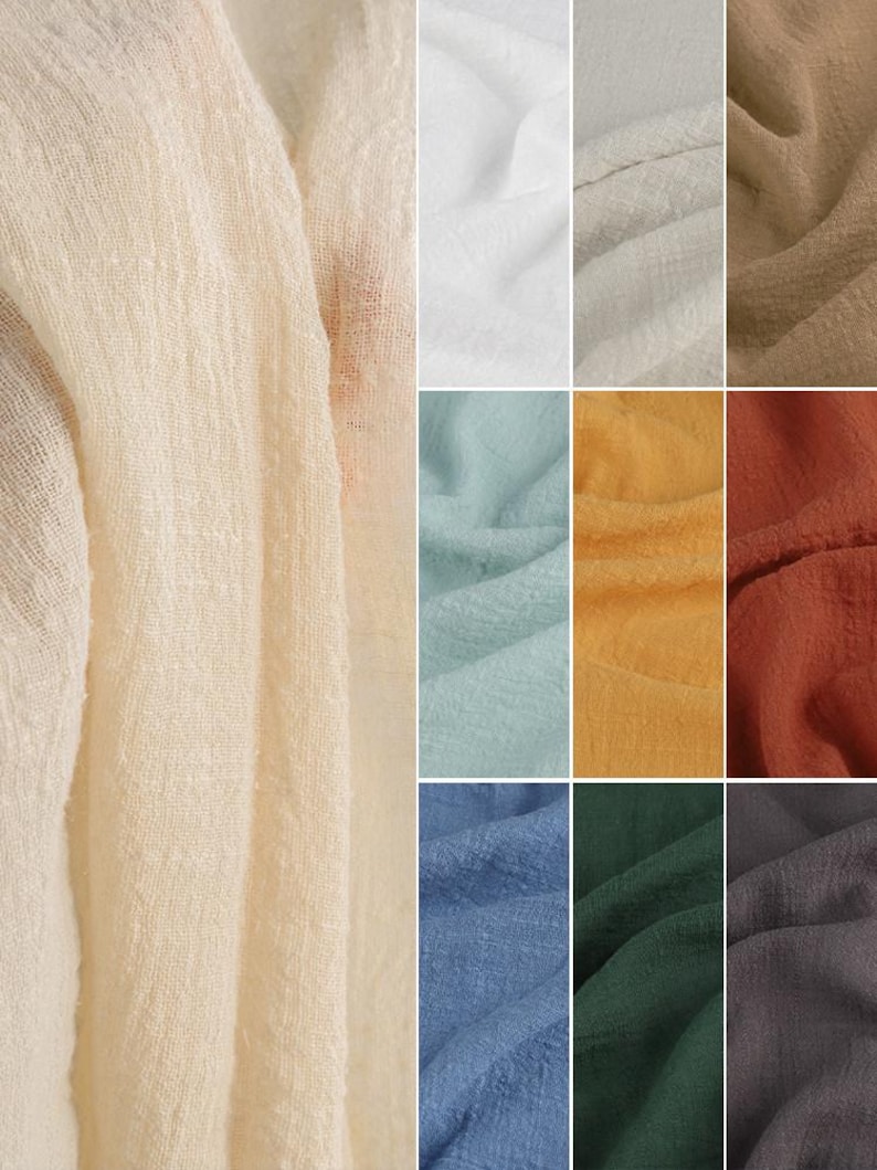 May include: A collection of textured fabric swatches in various colors including cream, white, light gray, beige, light blue, yellow, terracotta, blue, dark green, and charcoal gray. Each piece of fabric features a crinkled, semi-sheer appearance.