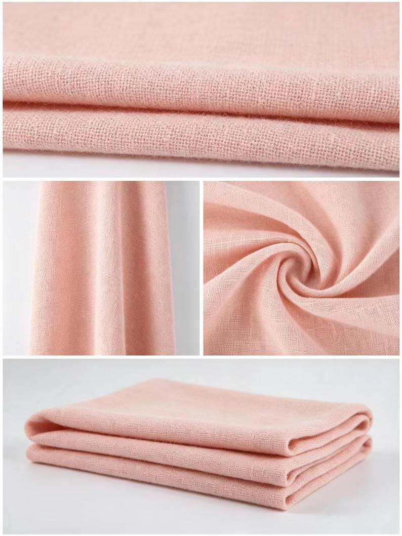 May include: A soft, light pink fabric with a visible woven texture. The textile is displayed in multiple views, including folded layers, a draped vertical section, and a circular swirl, showcasing the consistent pastel color and weave pattern.