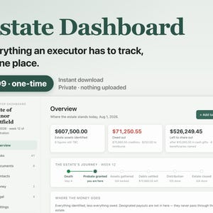May include: A digital estate dashboard interface titled Estate Dashboard with the subtitle Everything an executor has to track, in one place. The screen displays an overview for the Estate of Eleanor Whitfield, showing financial data and tasks.