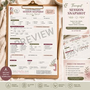 Pode incluir: Um formulário de resumo de sessão clínica em uma prancheta com uma caneta dourada. O documento apresenta seções para foco da sessão, intervenção, avaliação e segurança, com o texto Roots & Balance Wellness e Session Snapshot.