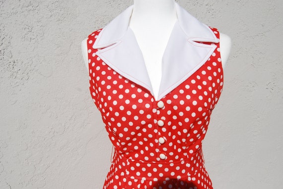 Red Vintage Nautical 1970's Sailor Polka Dot Maxi… - image 2