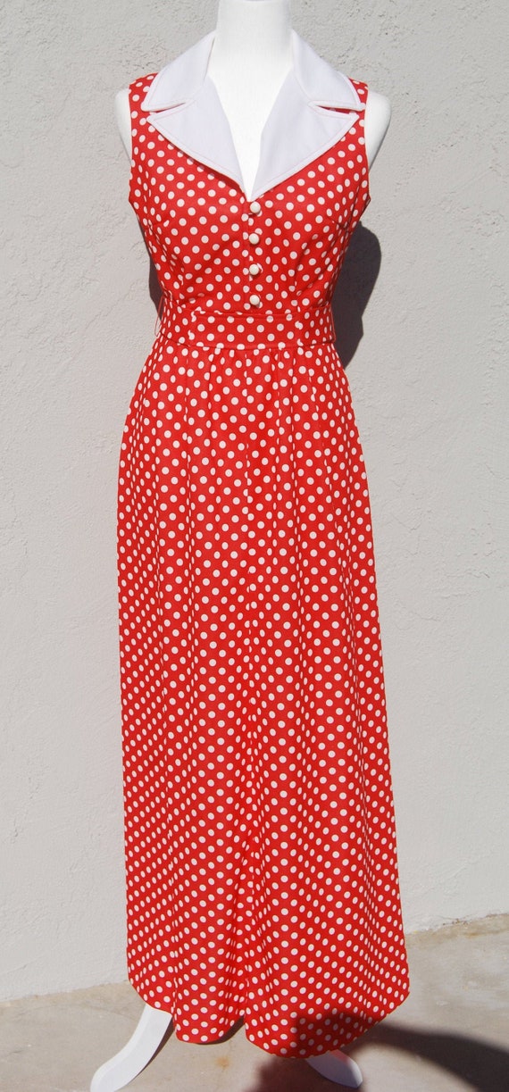 Red Vintage Nautical 1970's Sailor Polka Dot Maxi 