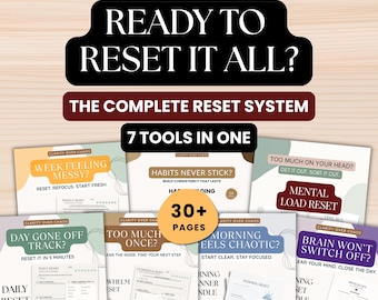 May include: A digital planner system titled Clarity Over Chaos featuring Ready To Reset It All, The Complete Reset System, and 7 Tools In One. The collection includes 30+ pages with sections like Weekly Reset, Daily Reset, and Mental Load Reset.
