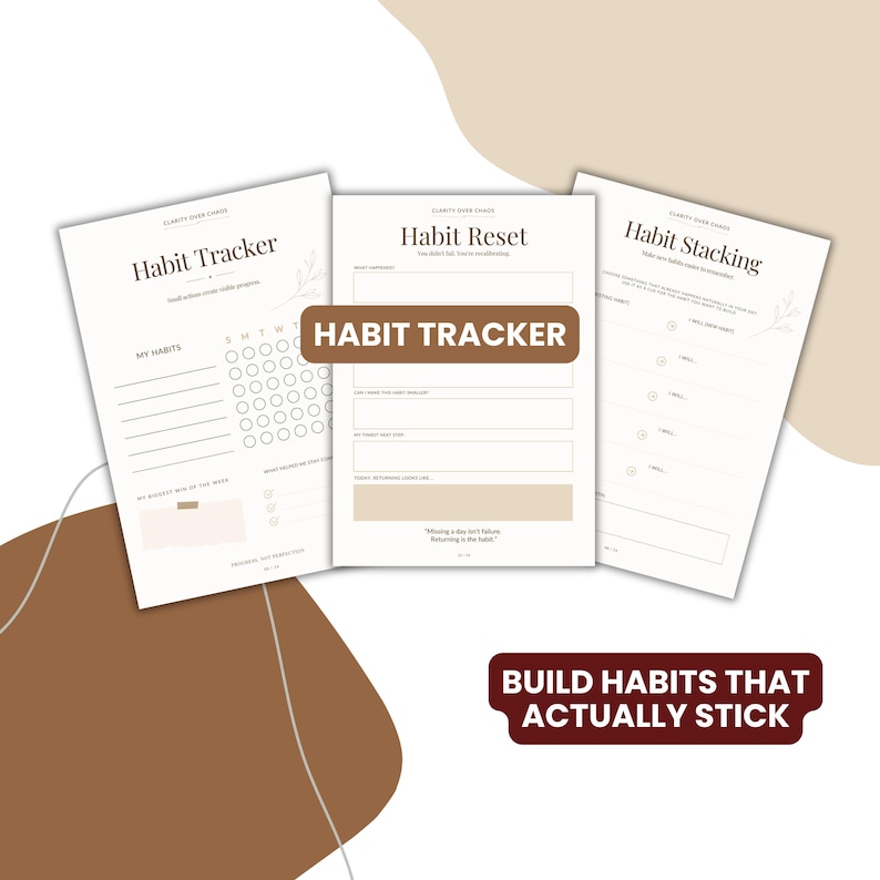 May include: Three white paper sheets featuring habit tracking templates with black text. The pages are titled Habit Tracker, Habit Reset, and Habit Stacking. The designs include checkboxes, lines for writing, and small floral line art illustrations.